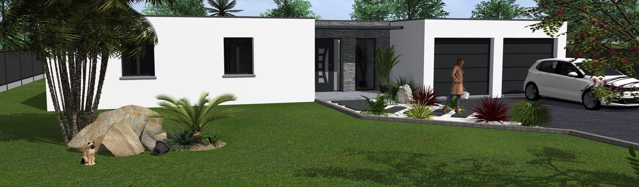 Modèle de maison avec toit plat, espace parking et grand jardin